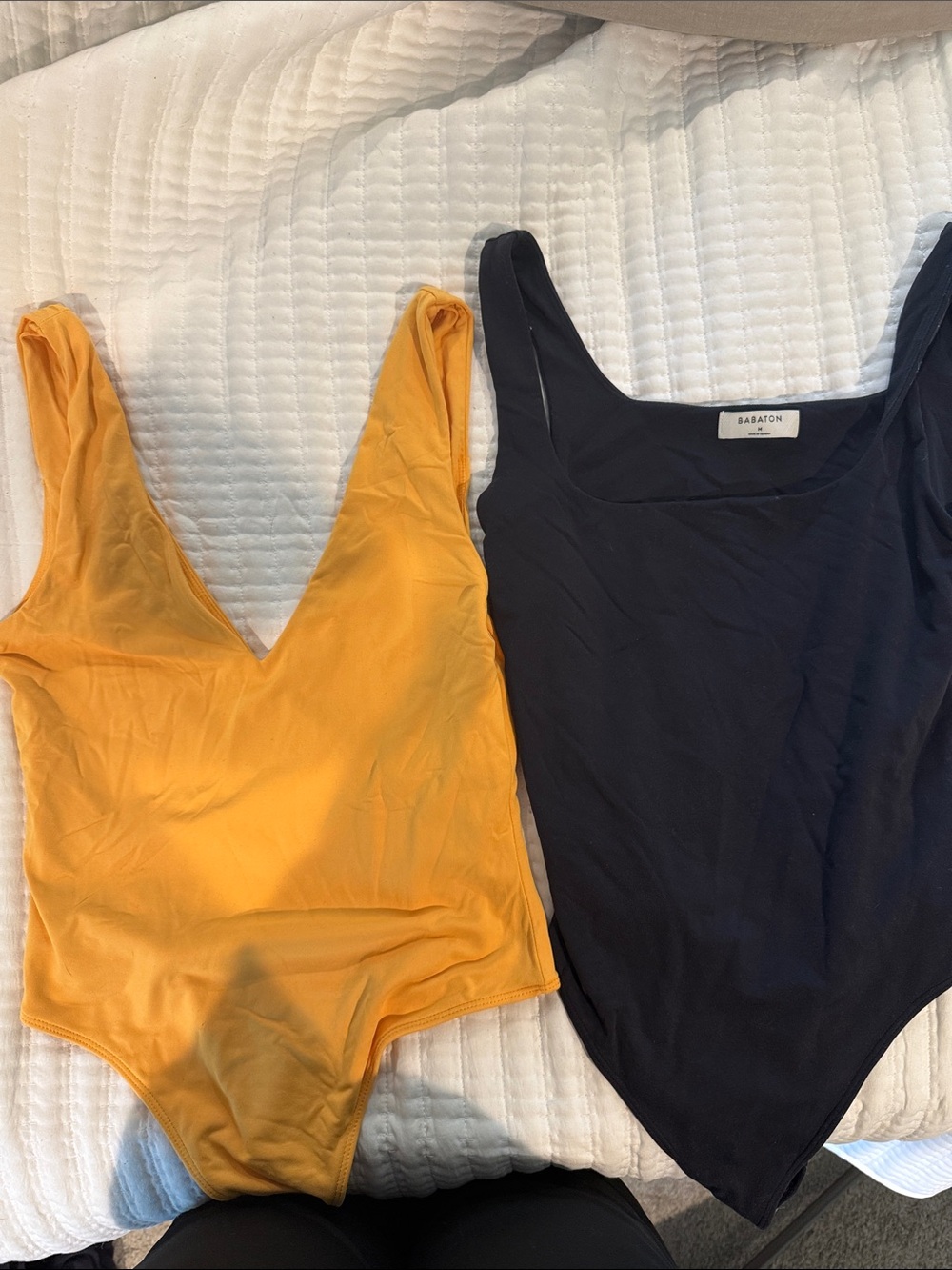 Two Basic Scoop and V-Neck Bodysuits - Mustard and black